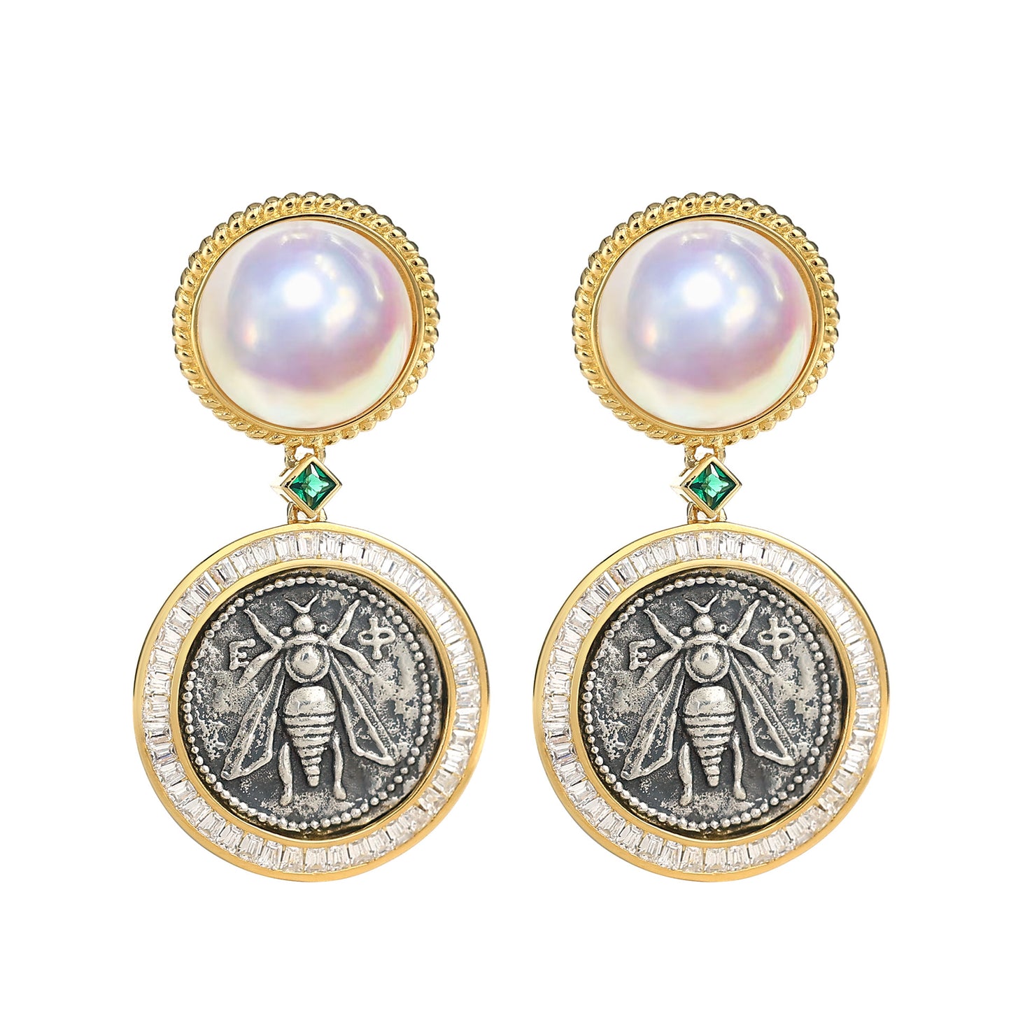 Micro-setting two-sided ancient coin Goddess of the Moon and bee earrings.sterling silver