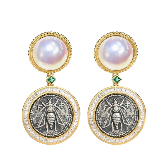 Micro-setting two-sided ancient coin Goddess of the Moon and bee earrings.sterling silver