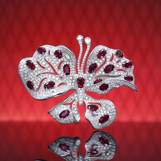 Micro-setting Fancy Ruby color Lab created stones butterfly brooch, sterling silver