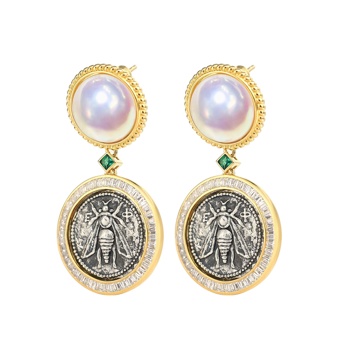 Micro-setting two-sided ancient coin Goddess of the Moon and bee earrings.sterling silver