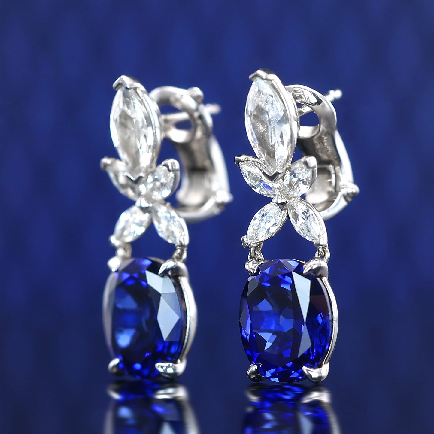 Micro-setting Sapphire color Lab created stones marquise 4 prong earrings, sterling silver