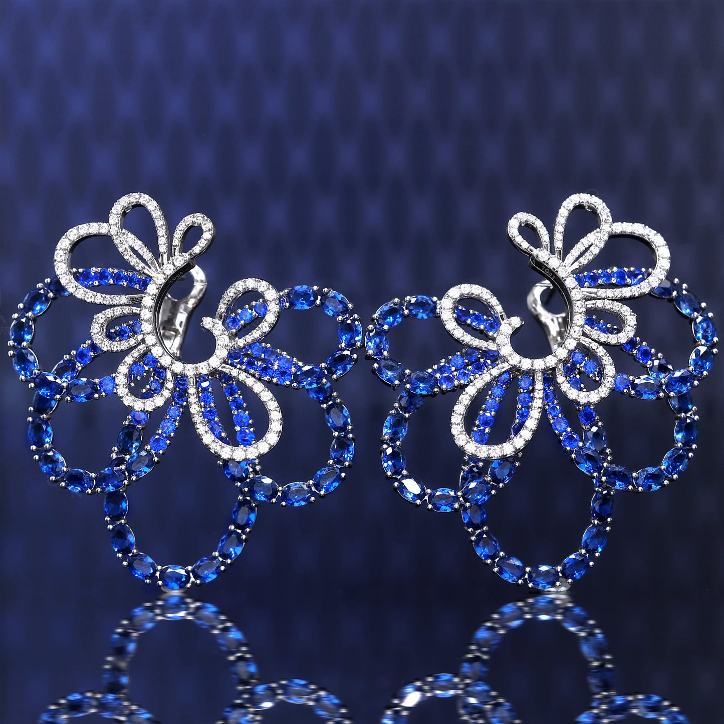 Micro-setting Sapphire color fully studded Lab created stones peacock earrings, sterling silver.