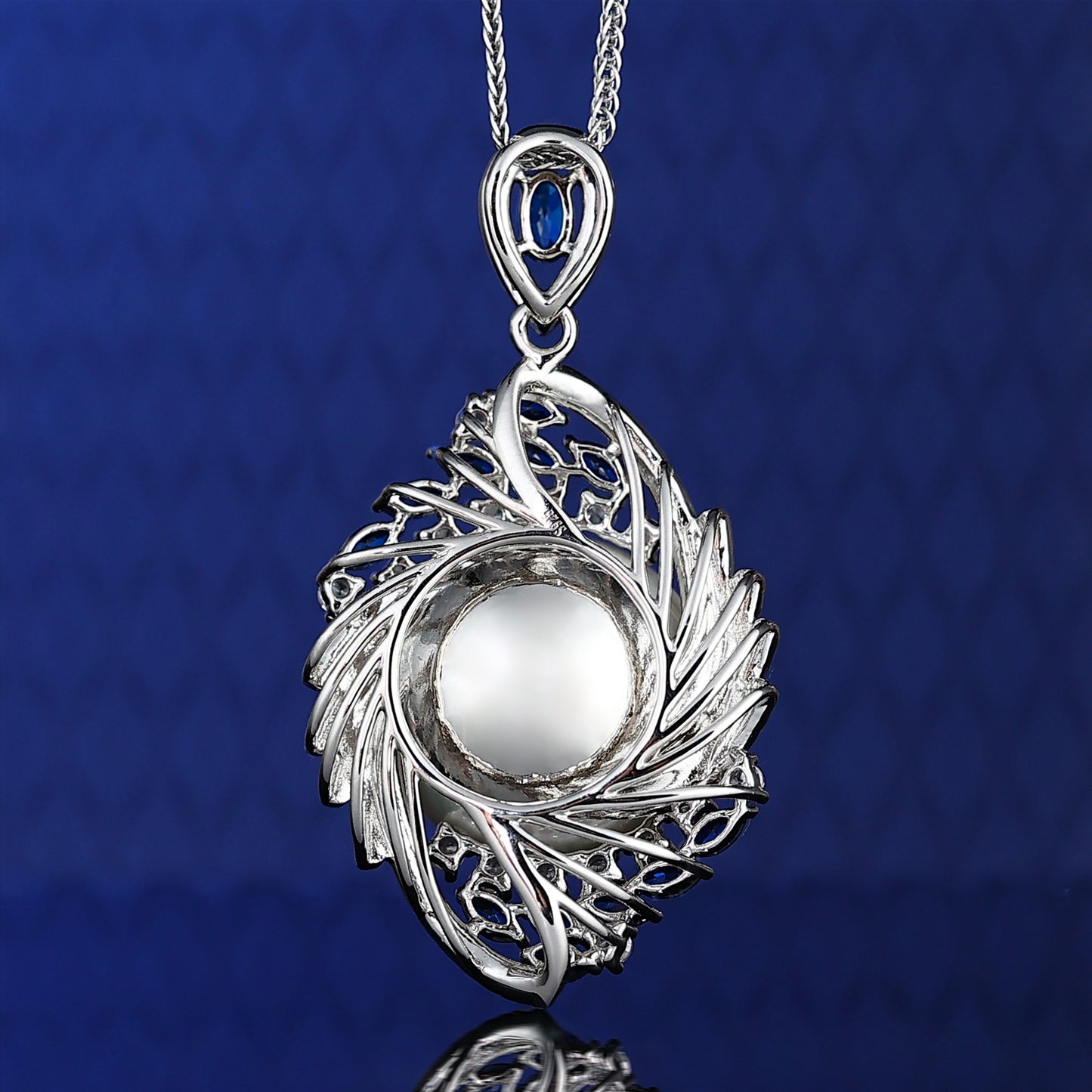 Micro-setting Sapphire color Lab created stones White shell pearl Rotate the stars necklace, sterling silver