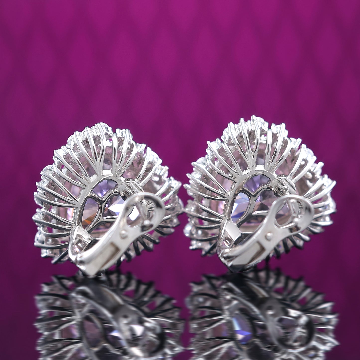 Micro-setting Pink diamond color Lab created stones fancy fully studded heart earrings, sterling silver