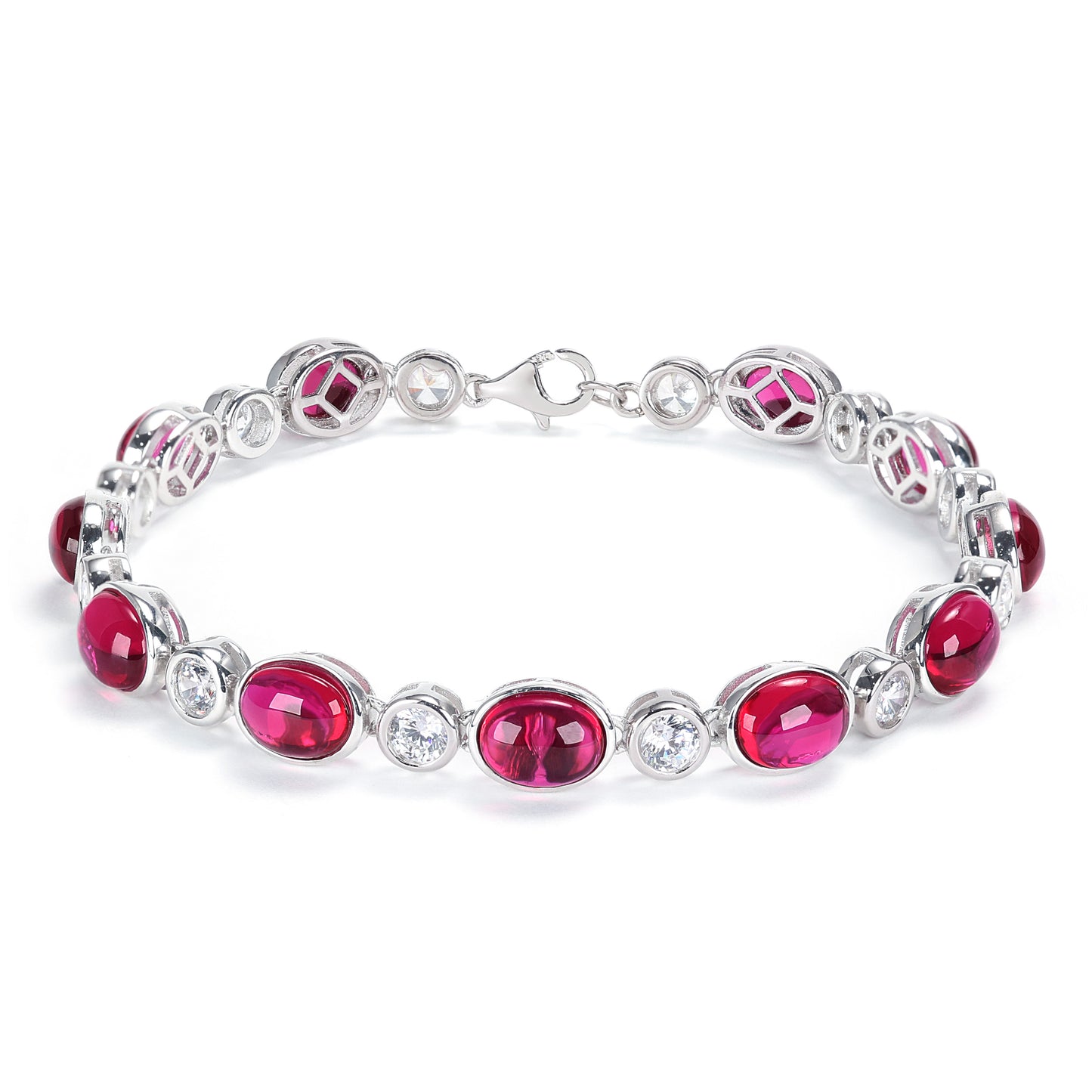 Conception de réservation Micro-serti Couleur rubis Coupe cabochon Bracelet en chaîne de tennis avec pierres créées en laboratoire, argent sterling