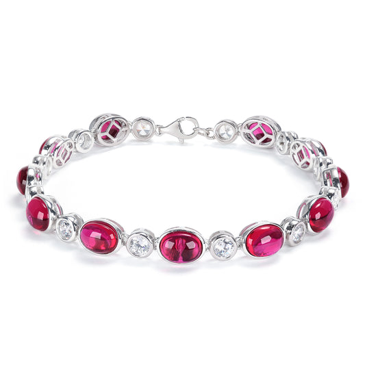 Conception de réservation Micro-serti Couleur rubis Coupe cabochon Bracelet en chaîne de tennis avec pierres créées en laboratoire, argent sterling