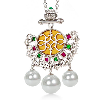 Micro-setting ancient coin Lab created stones White shell pearl LIBERAL EAGLE necklace , sterling silver