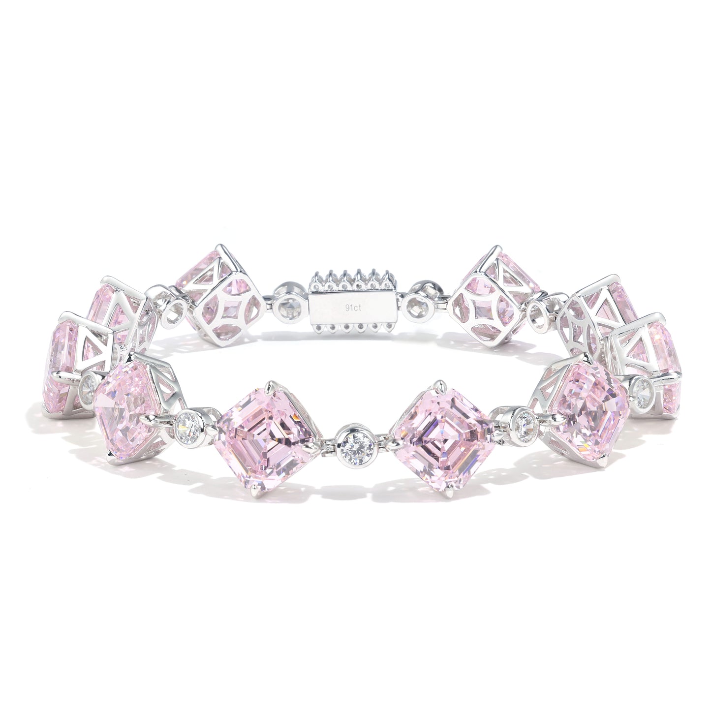 Bracelet entièrement clouté couleur diamant rose clair taille Asscher micro-serti, argent sterling 