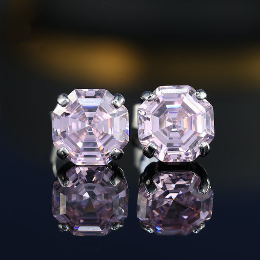 Special offer Pink diamond color Asscher-cut Lab created stones ear studs, sterling silver.