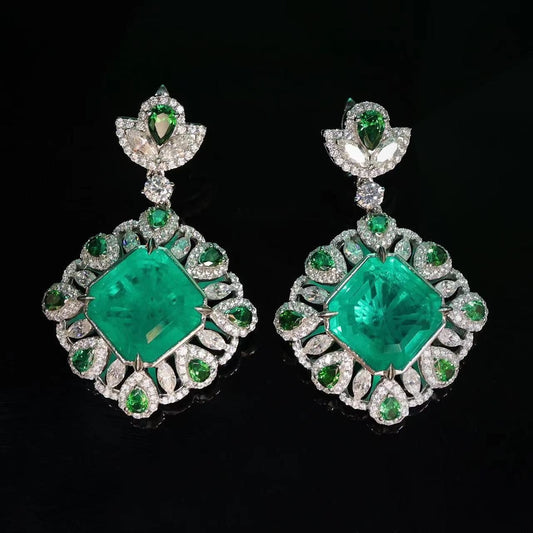 Micro-setting Emerald color square shape Lab created stones peacock tail earrings, sterling silver