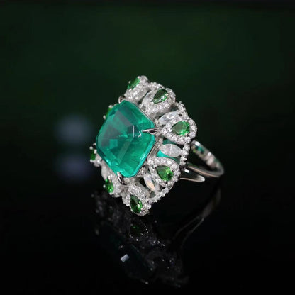 Micro-setting Emerald color square shape  Lab created stones peacock tail ring, sterling silver