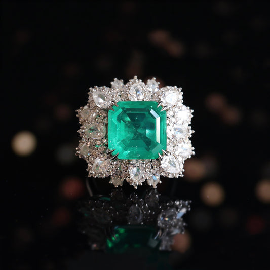 Micro-setting Emerald color Lab created stones fancy square shape fully studded ring sterling silver. （8.25 carat）