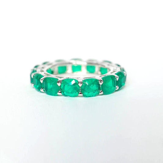 Customized design Micro-setting Emerald color Lab created stones detailed band ring, sterling silver