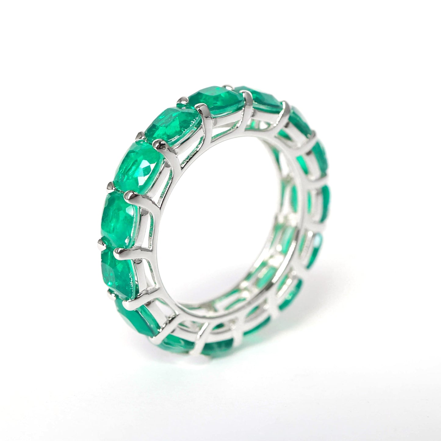 Customized design Micro-setting Emerald color Lab created stones detailed band ring, sterling silver