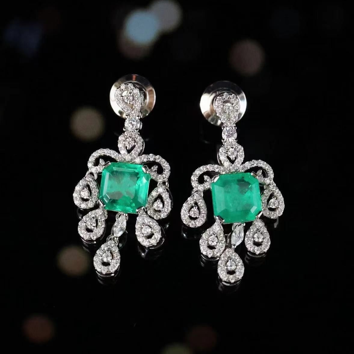 Micro-setting Square teardrop shape emerald color lab created stones Palace style earrings, sterling silver