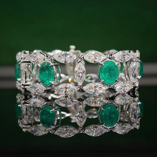 Micro-setting Emerald and clear marquise diamond color Lab created stones fancy bracelet, sterling silver