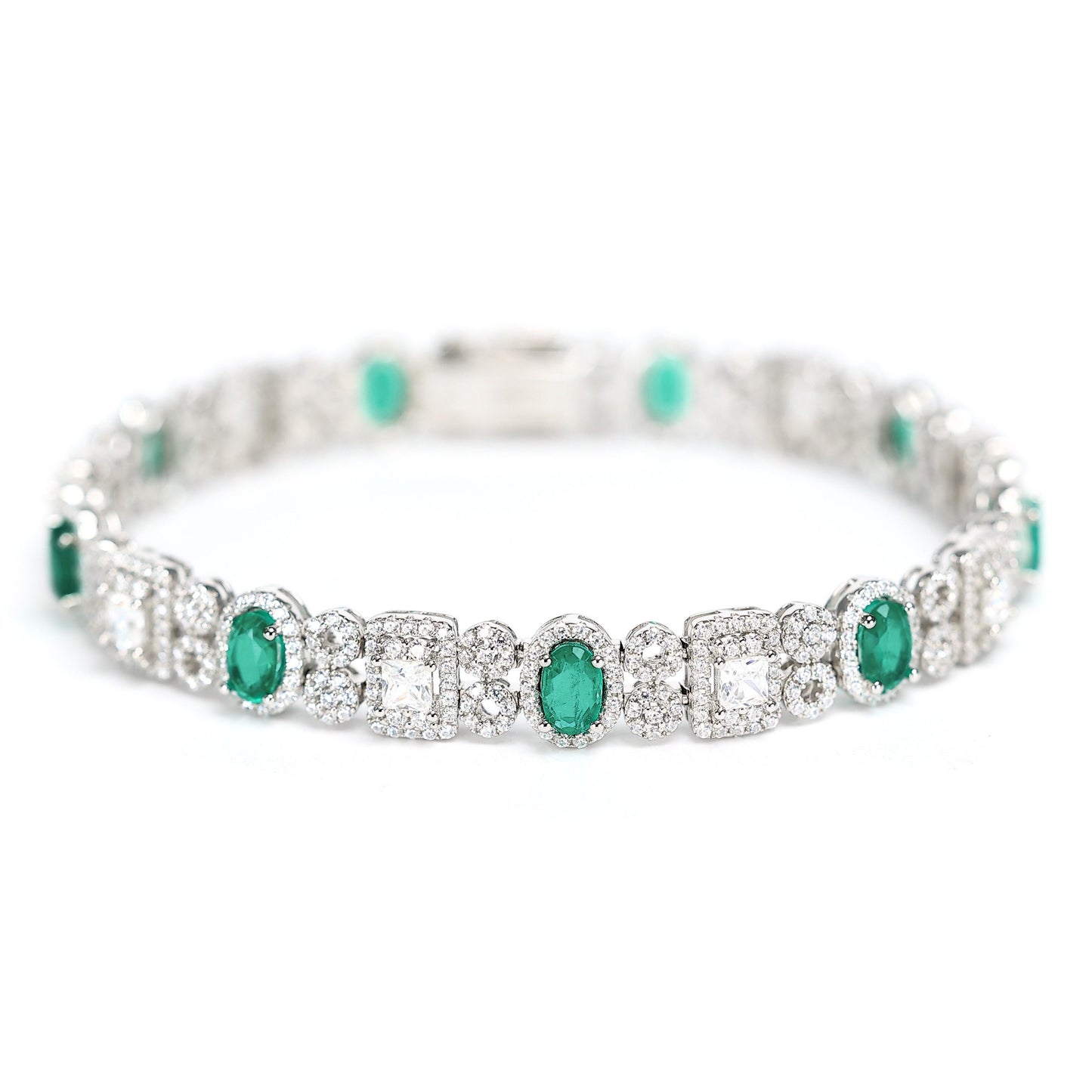 Micro-setting oval shape emerald color fully studded  fancy bracelet, sterling silver