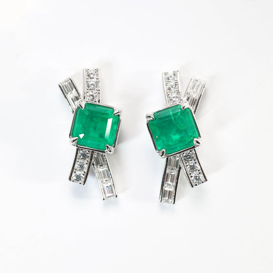 Micro-setting emerald color Lab created stones bowknot earrings, sterling silver