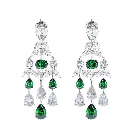 Micro-setting Emerald color Lab created stones teardrop fancy Palace style earrings, sterling silver