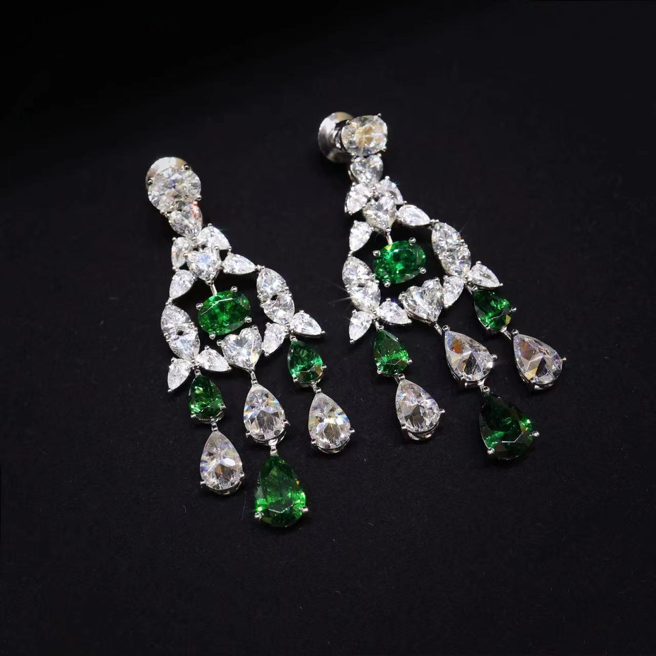 Micro-setting Emerald color Lab created stones teardrop fancy Palace style earrings, sterling silver