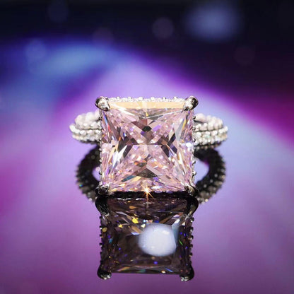 Bague fantaisie en diamant rose couleur diamant micro-serti, taille princesse, pierres créées en laboratoire, argent sterling