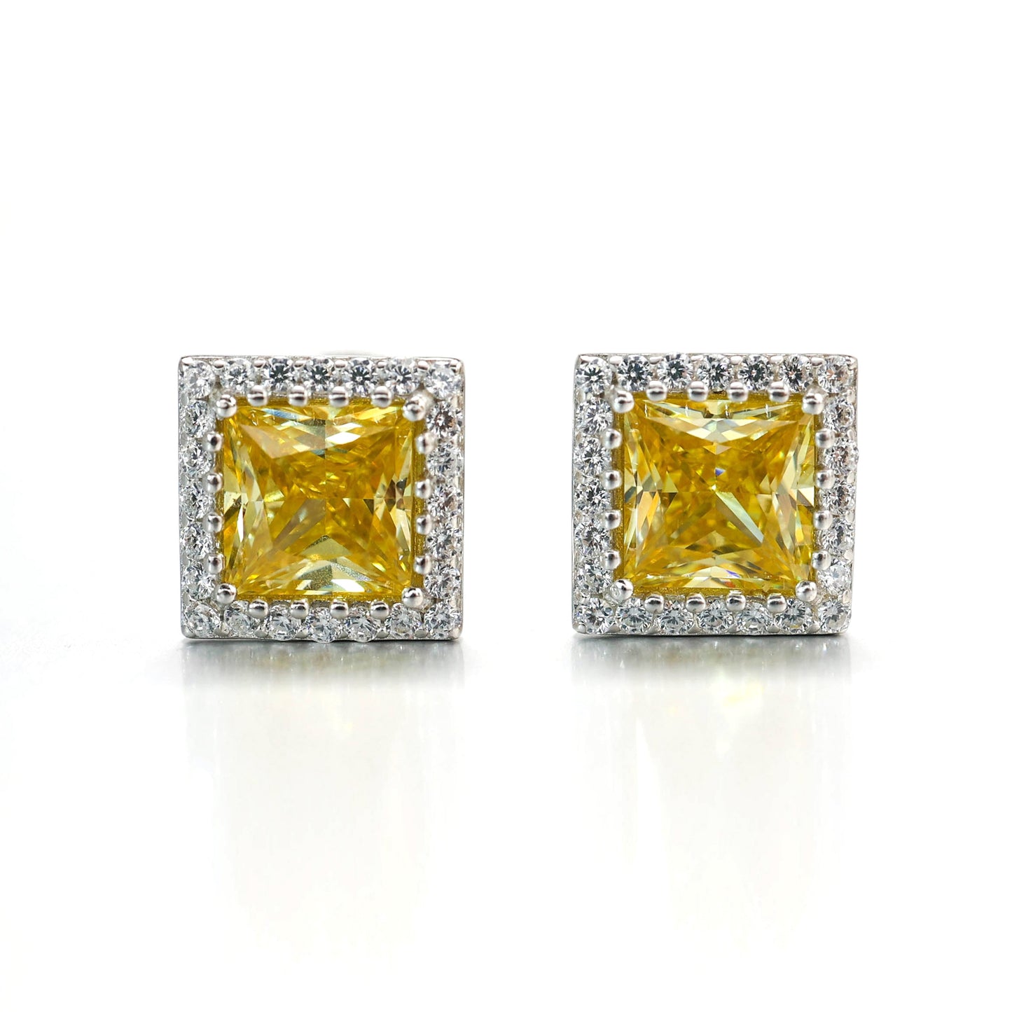 Micro-setting yellow diamond color princess cut Lab created stones Square shape detailed ear studs, sterling silver