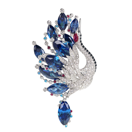 Reservation designMicro-setting clear diamond and Sapphire color Lab created stones the dance of the red-crowned crane multi-purpose brooch and pendant, sterling silver