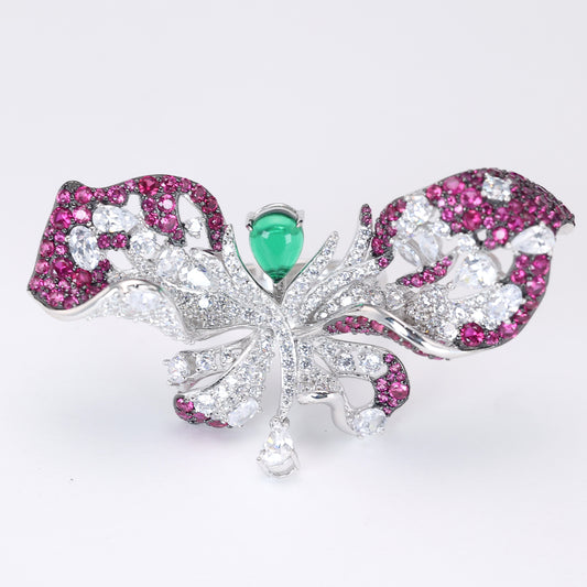 Conception de réservation Micro-serti couleur mélangée Lab a créé des pierres vertes goutte papillon anneau, argent sterling