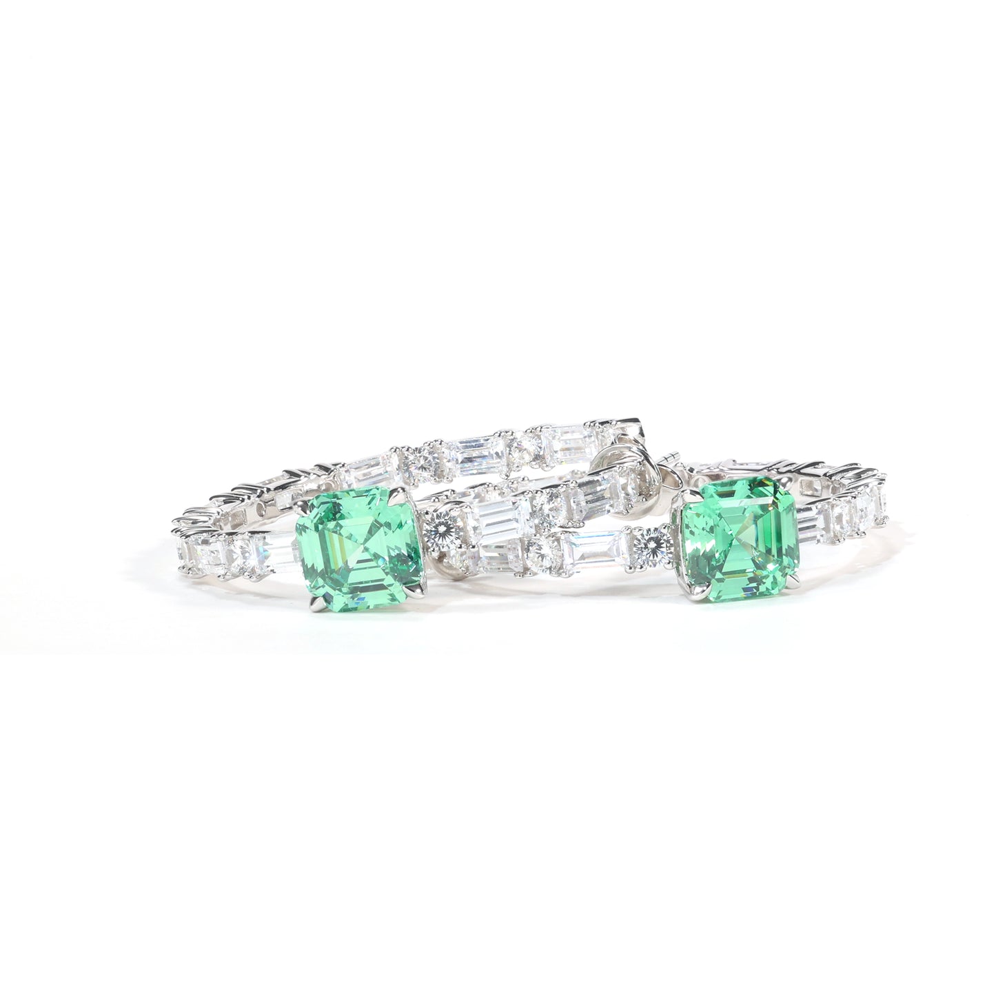 Micro-setting green diamond color Lab created stones detailed hoop earrings, sterling silver